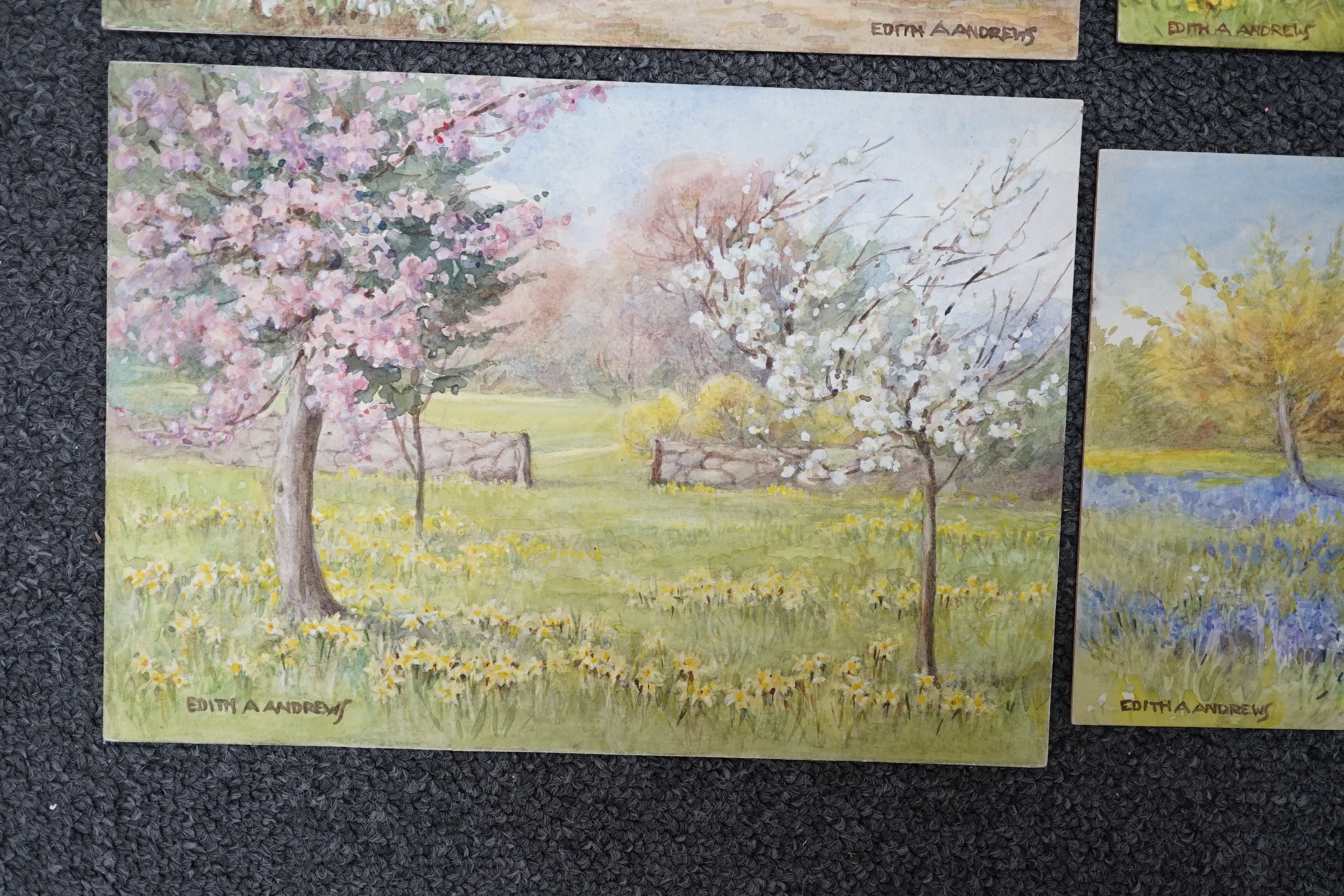 Edith Alice Andrews (Exh. 1900-1940), six watercolour designs for postcards, Country Scenes, signed, largest 16 x 22cm, unframed